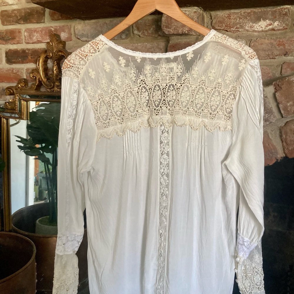 Johnny Was | Love Ivory + Ecru Lace-Trim Pintuck Victorian Boho Romantic Top S - Picture 5 of 16
